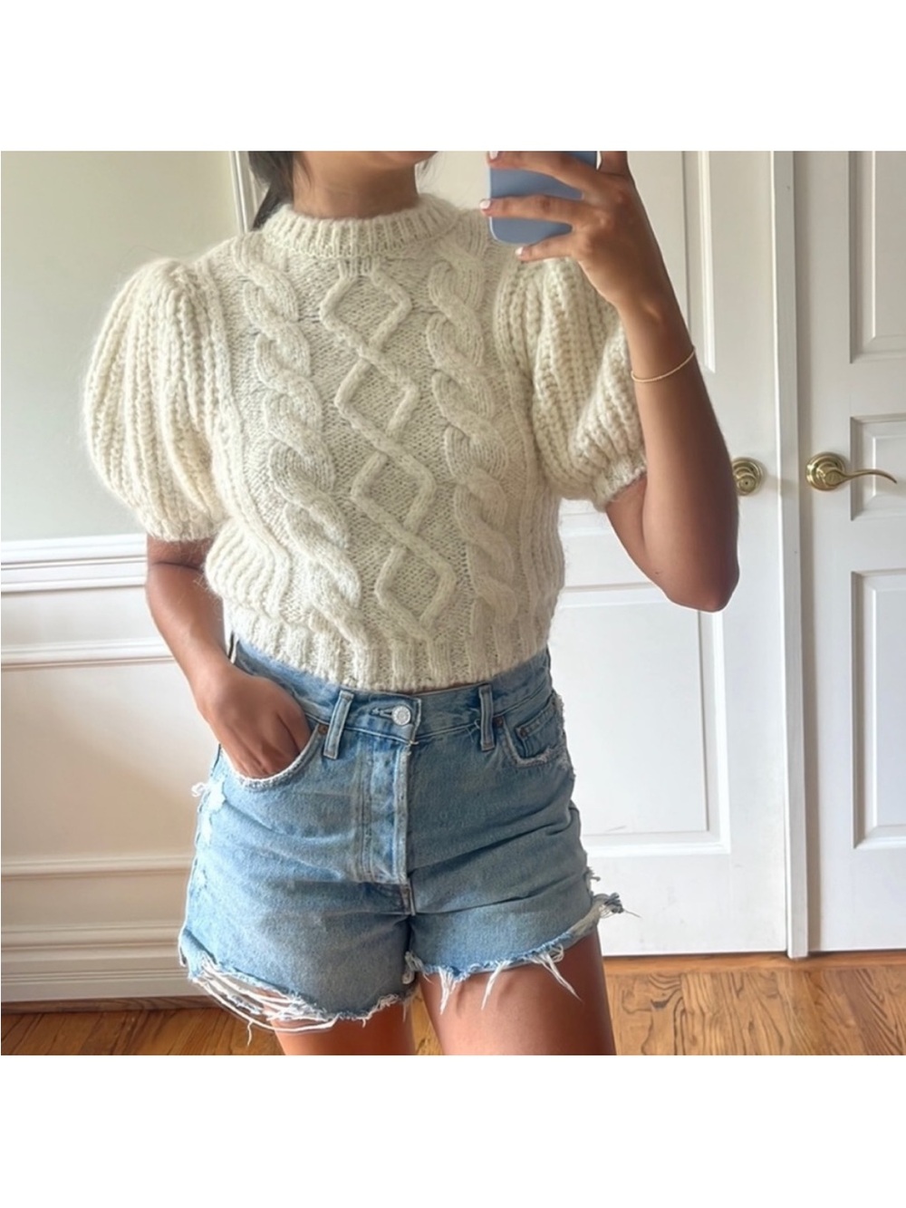 Zara Ivory Cable Knit Puff Short Sleeve Crew Neck Pullover Sweater Women’s M